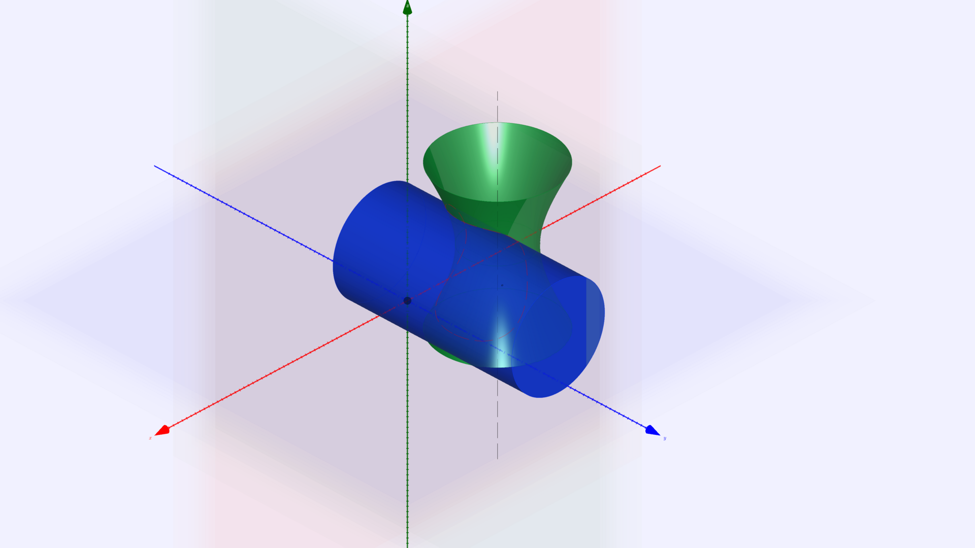 Průnik válce s jednodílným rotačním hyperboloidem — živý 3D pohled MongeCAD