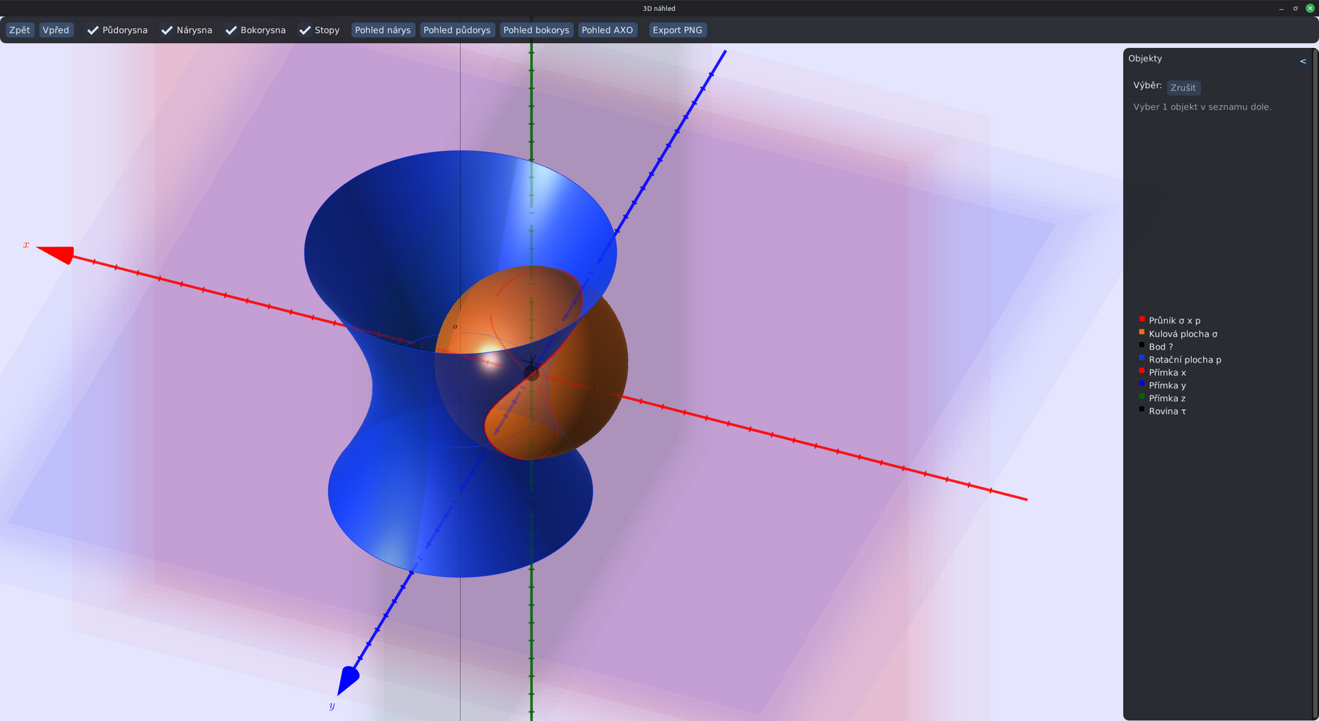 Okno 3D náhledu MongeCAD: průnik rotačního hyperboloidu a koule